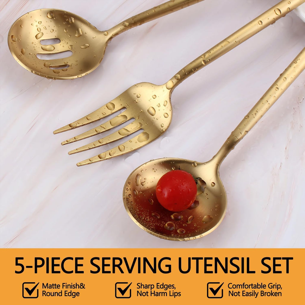 Gold Stainless Steel Serving Utensils Set, 5 Pcs - 10.8 Inch Serving Fork, 10.3 Inch Slotted Spoon, Sugar Spoon, Butter Knife for Buffet