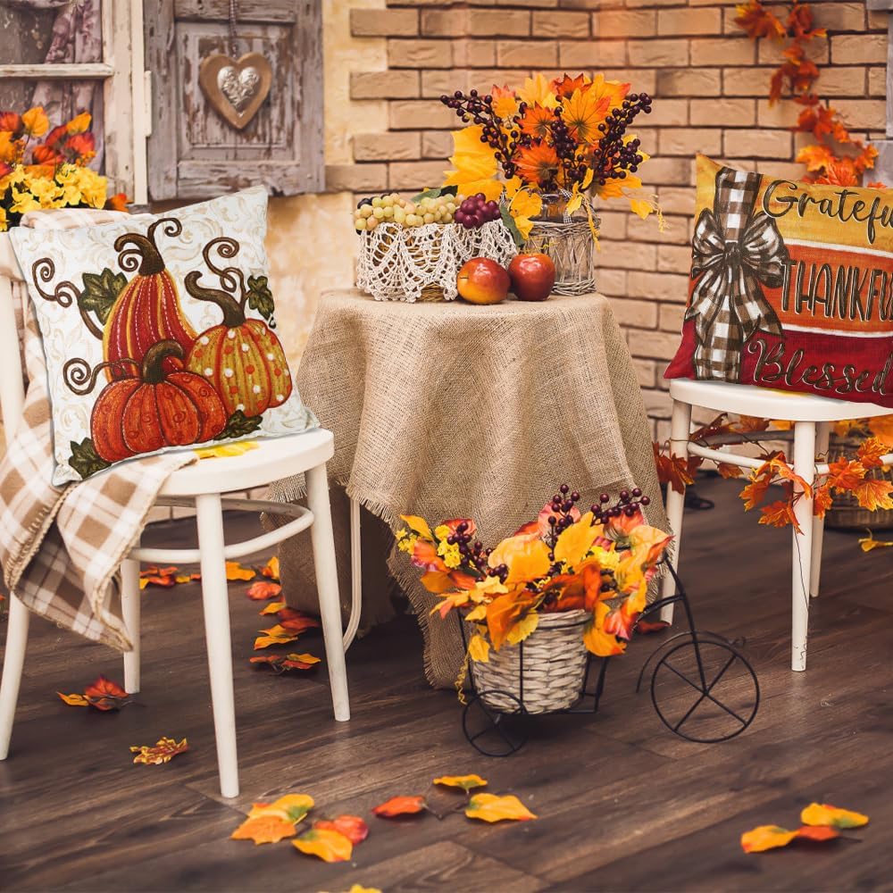 4pcs Fall Thanksgiving Pillow Covers 18x18in, Pumpkin Happy Fall Thankful Grateful Blessed Harvest Leaves Decorations Autumn Seasonal Throw Cushion Case for Farmhouse Home Sofa Couch