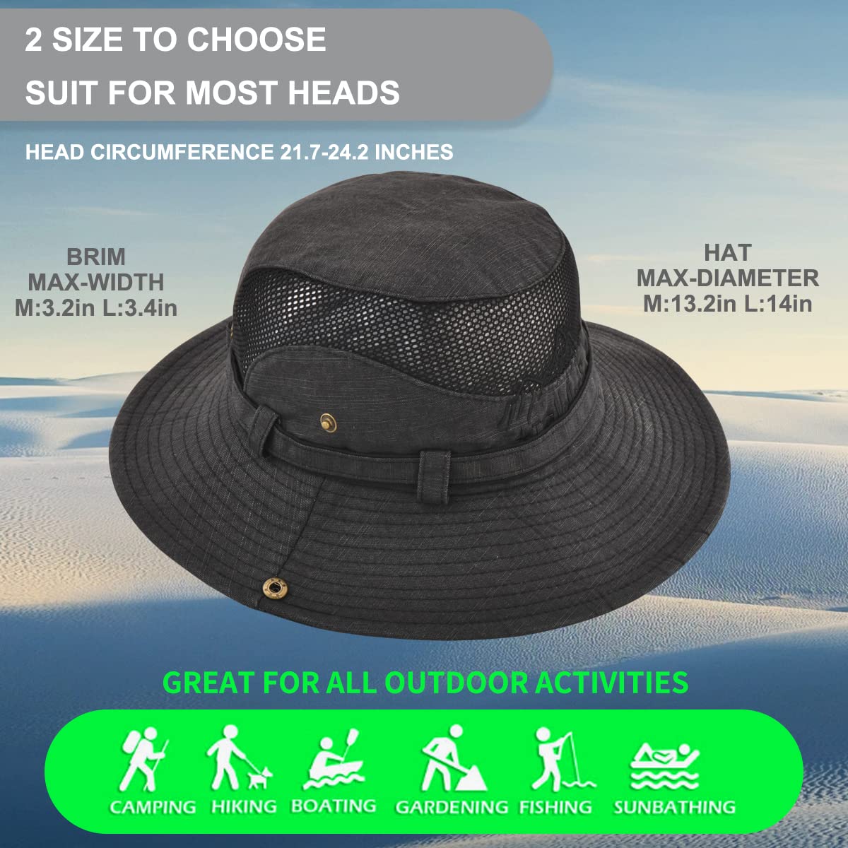 Sun Hat for Men, Cotton Embroidery Summer Outdoor Sun Protection Wide Brim Bucket Hat Foldable Safari Boonie Hat