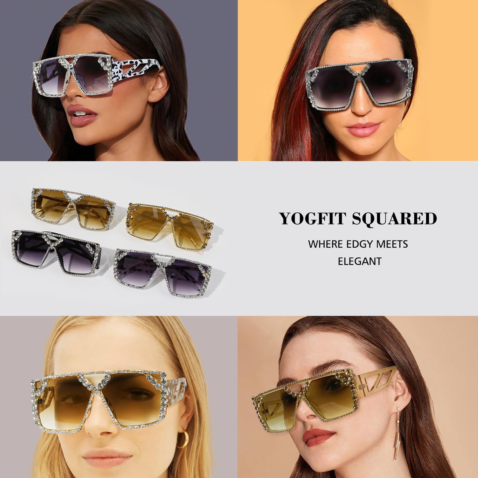 YOGFIT Oversized Square Diamond Sunglasses for Women Fashion Sparkling Crystal Retro Disco Sunglasses