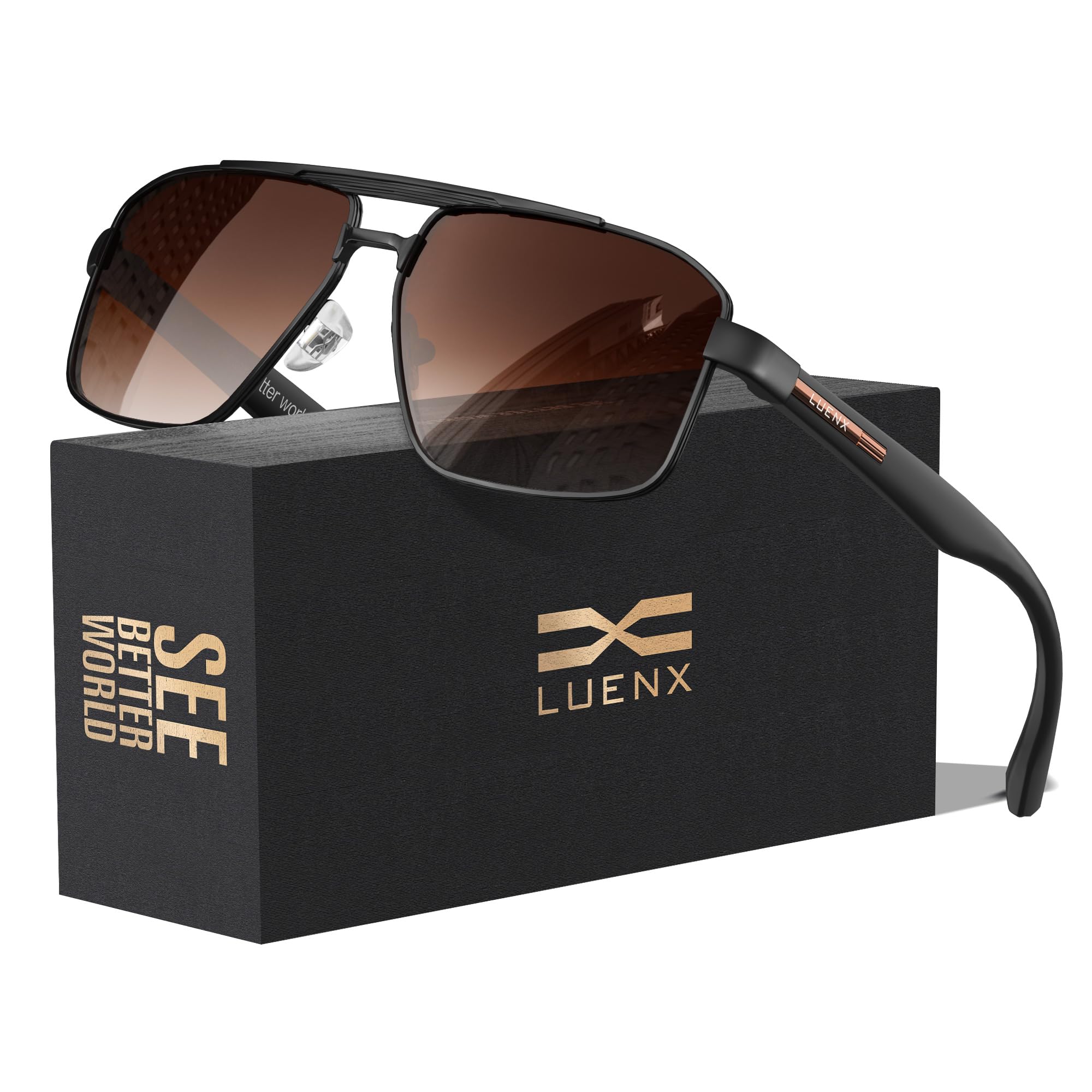 LUENX Aviator Sunglasses for Men Square Polarized Polygon Lens - UV 400 Protection