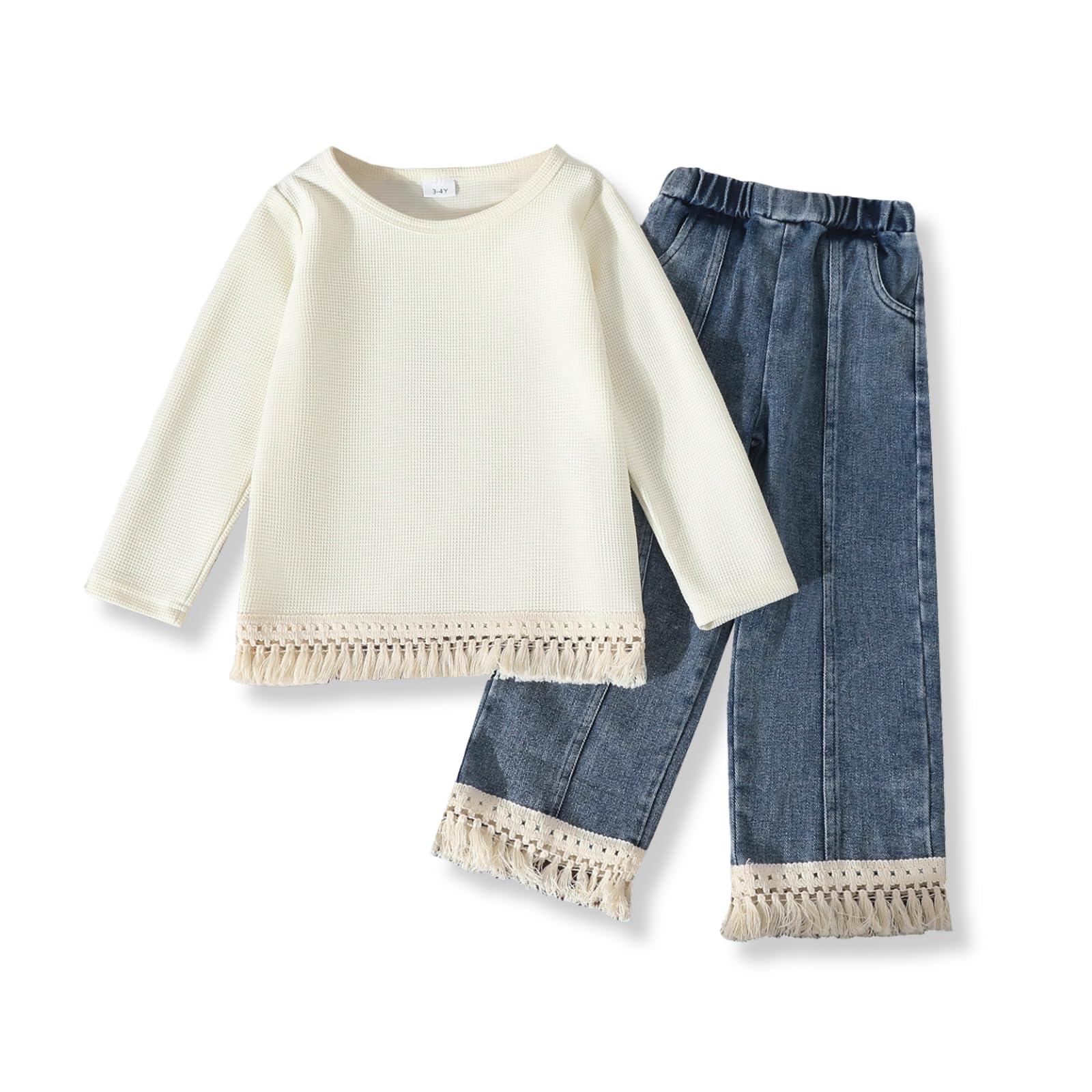 3-7 Years Toddler Girls Pants Set - Tassel Top & Washed Denim Pants Fall Winter Clothing Outfits Set for Girls