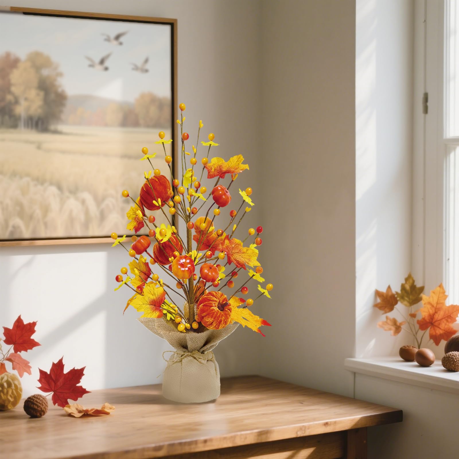 Fall Decorations for Home 18 Inch Fall Tree, Fall Decor Fake Pumpkin Berry Maple Leaves Table Centerpieces, Autumn Harvest Home Decor Indoor for Party Halloween Thanksgiving