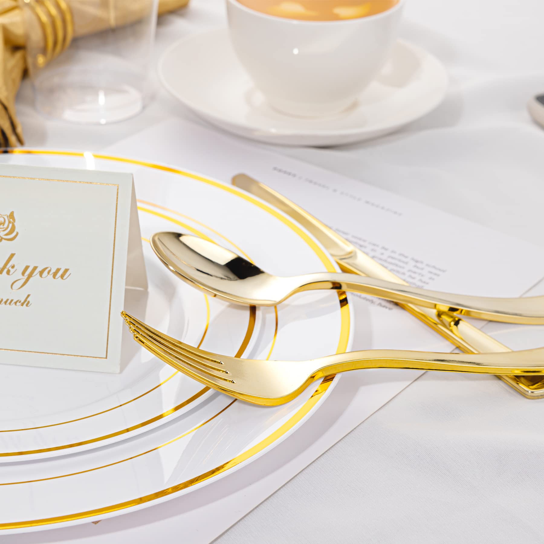 N9R 300PCS Gold Plastic Silverware, Heavy Duty Gold Plastic Cutlery Set Disposable Flatware Dinnerware, 100 Forks, 100 Spoons, 100 Knives, Perfect for Party, Wedding and Daily Use