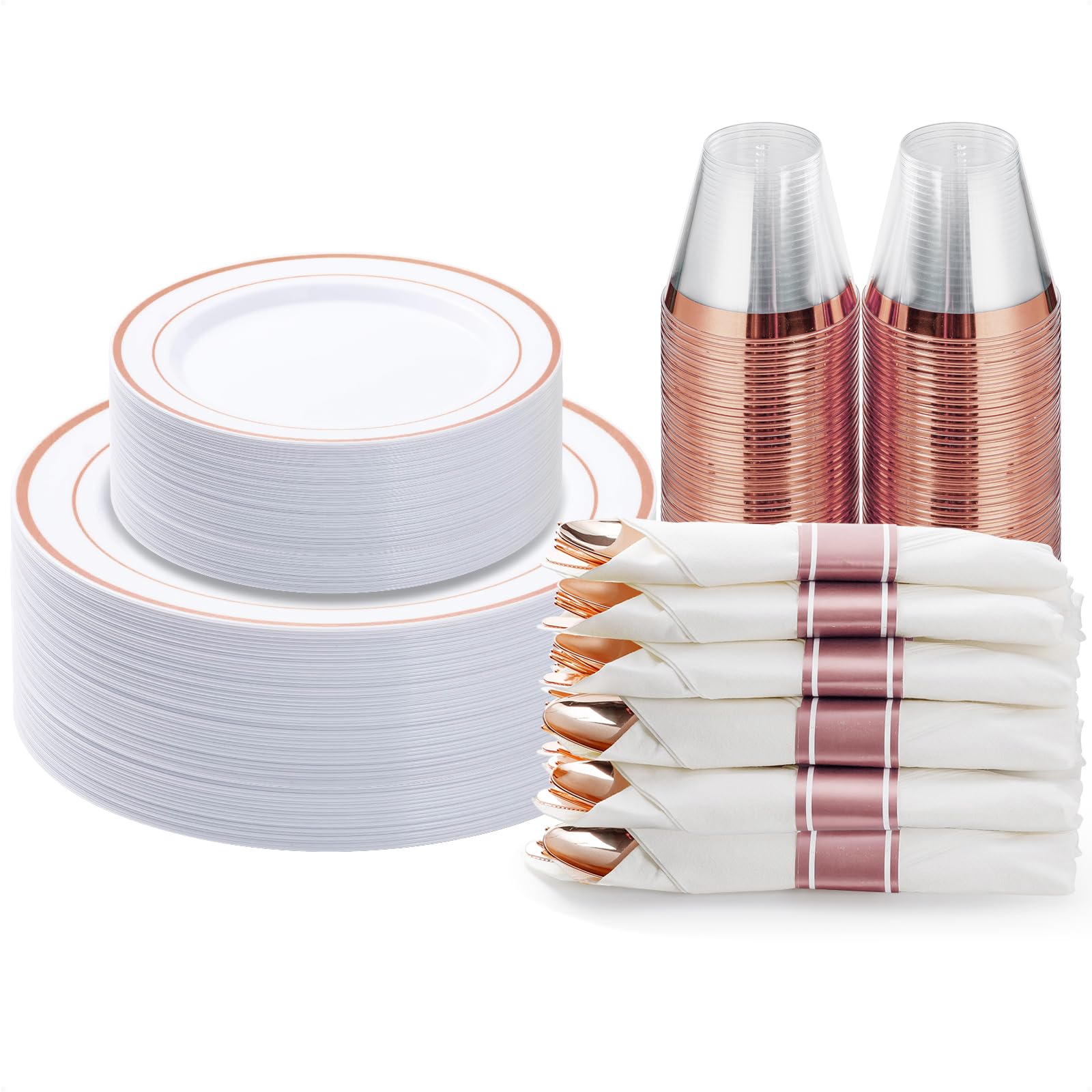 350PCS Gold Plastic Dinnerware Set, Disposable Party Plates for 50 Guests, Include: 100 Plastic Plates, 50 Pre Rolled Napkins with Gold Silverware, 50 Cups
