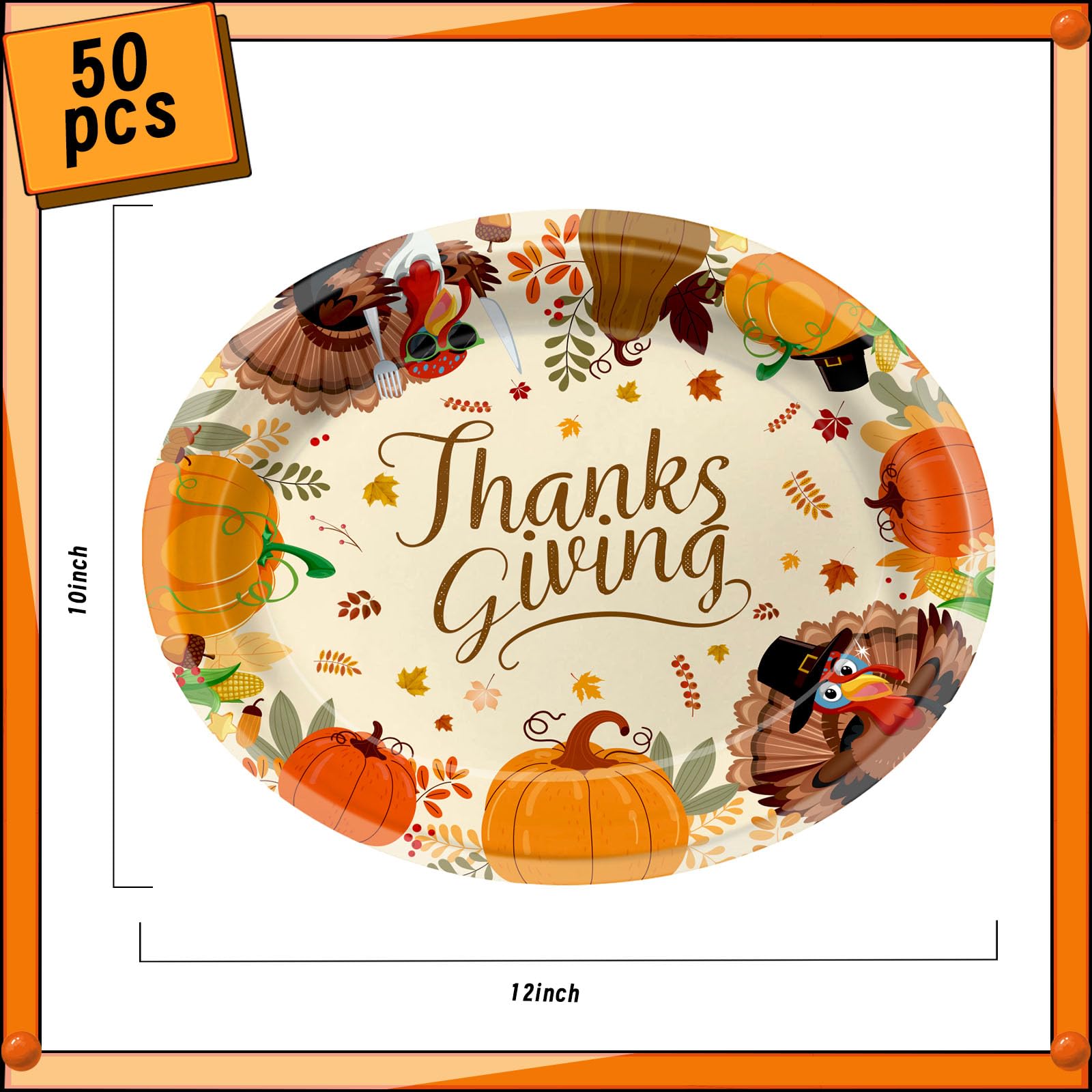 50 Pack Oval Thanksgiving Plates 12 x 10 Inch Thanksgiving Paper Plates Heavy Duty - Large Disposable Dinner Platters,Turkey Pumpkin Autumn Fall Harvest Thanksgiving Party Decor