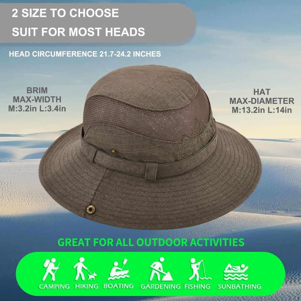 Sun Hat for Men, Cotton Embroidery Summer Outdoor Sun Protection Wide Brim Bucket Hat Foldable Safari Boonie Hat