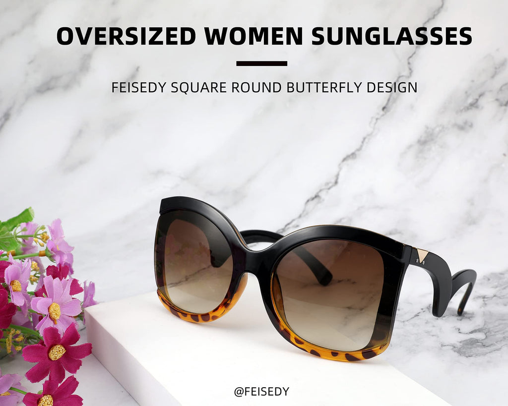 FEISEDY Oversized Square Butterfly Sunglasses Curved Curly Arm Frame Women's Fashion Shades B4035