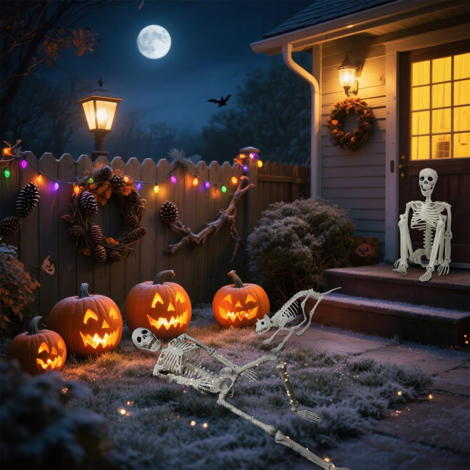 Lighted Human & Dog Skeleton Halloween Decorations Outdoor/Indoor - 36 Inch Realistic Full Body Movable Posable Skeleton Spooky Halloween Decor for Garden Yard Porch Indoor Party Haunted Graveyard