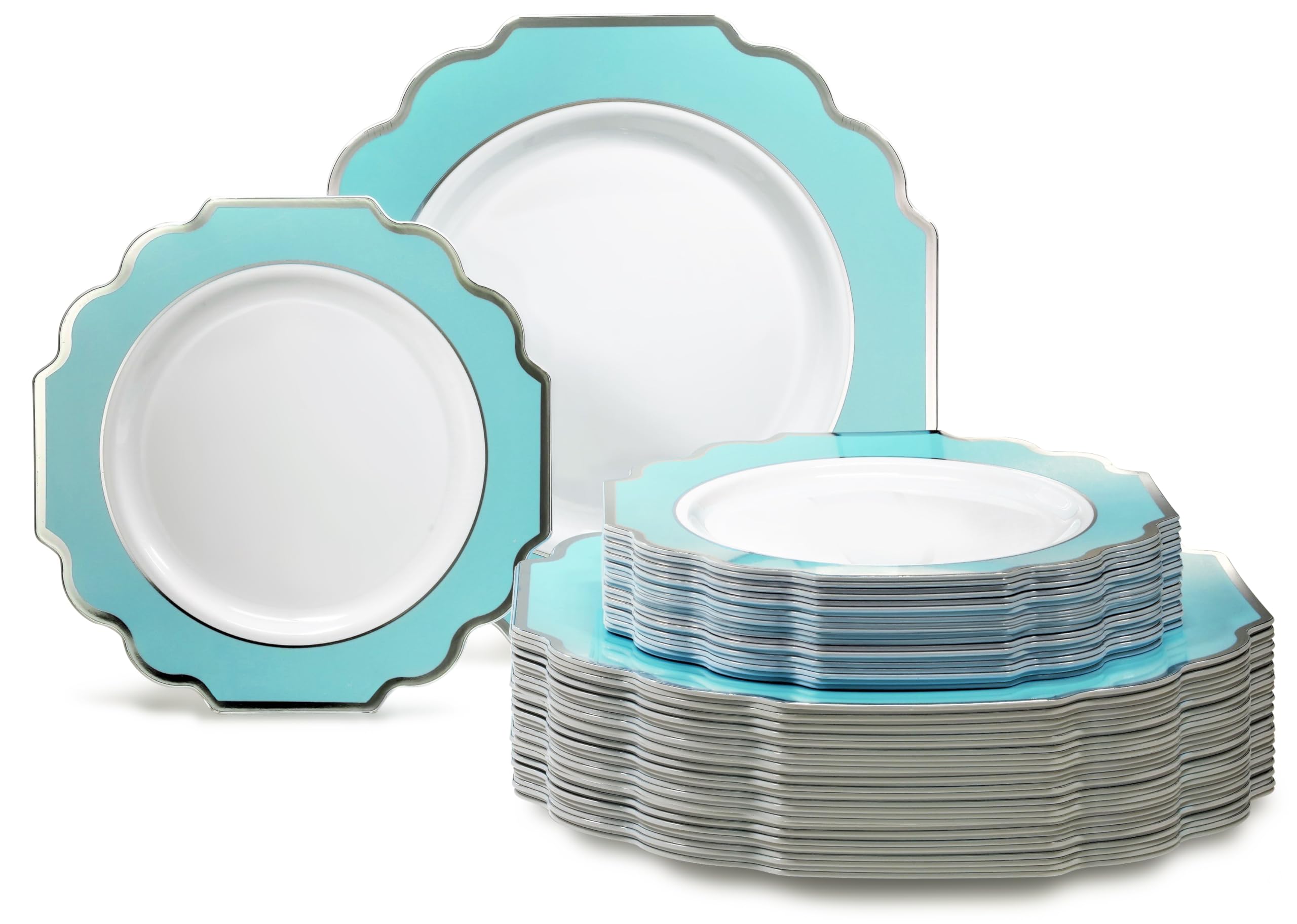 " OCCASIONS " 50 Plates Pack (25 Guests)-Heavyweight Wedding Party Disposable Plastic Plate Set -(25x10.5'' Dinner + 25x8'' Salad/Dessert) (Imperial White & Gold)