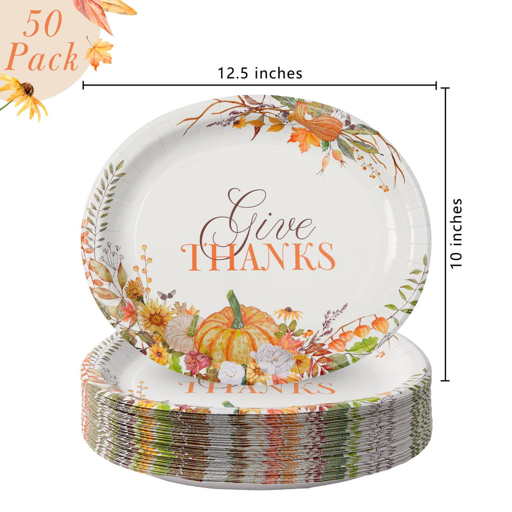 50 Count Thanksgiving Oval Paper Plates, 10" x 12.5" Large Disposable Dinner Serving Party Platters Heavy Duty, Autumn Fall Harvest Party Supply Thanksgiving Decor