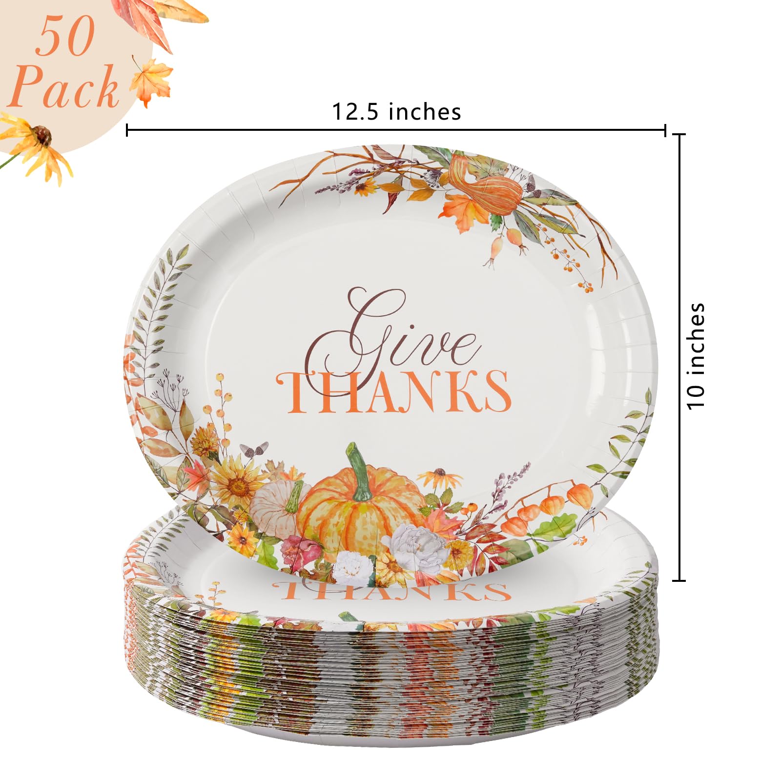 50 Count Thanksgiving Oval Paper Plates, 10" x 12.5" Large Disposable Dinner Serving Party Platters Heavy Duty, Autumn Fall Harvest Party Supply Thanksgiving Decor