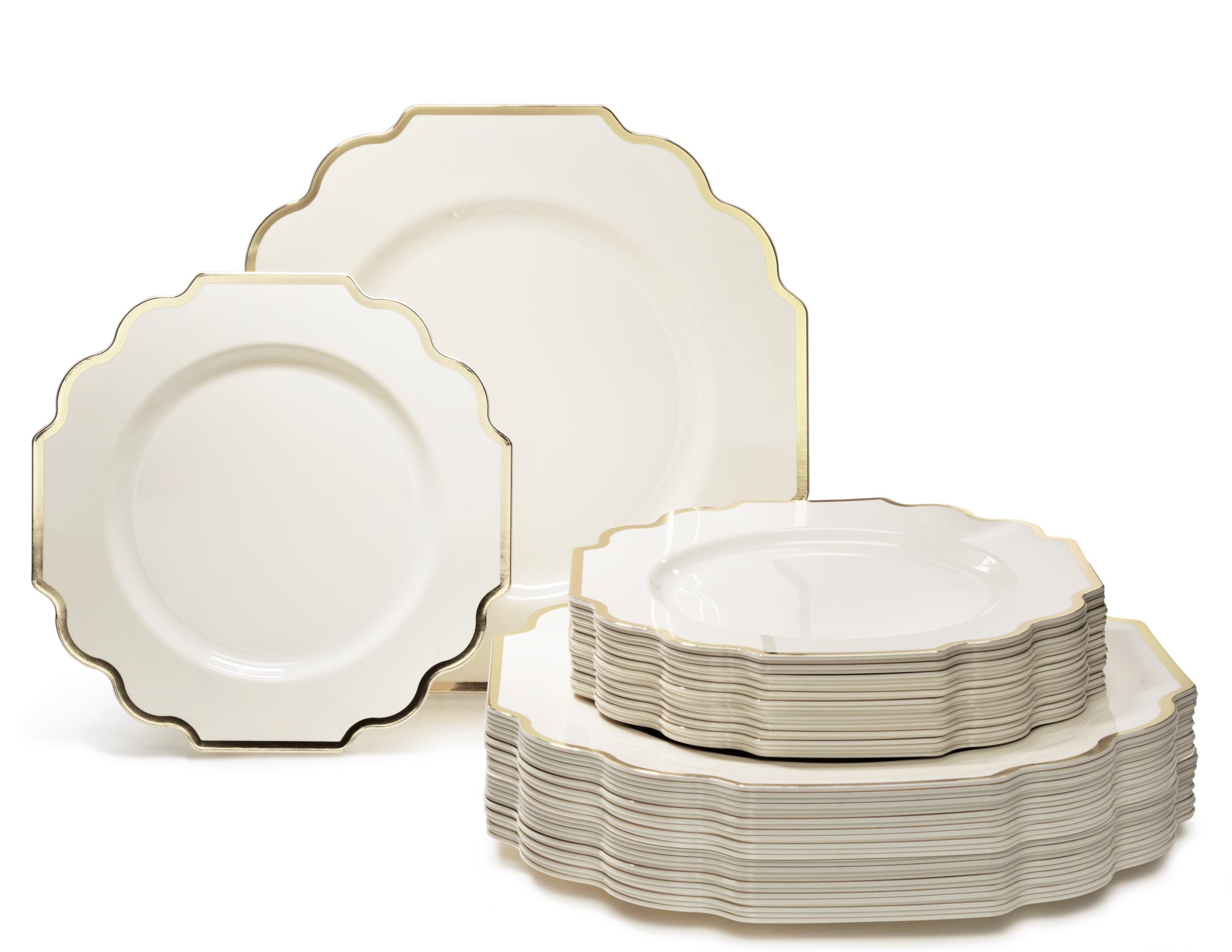 " OCCASIONS " 50 Plates Pack (25 Guests)-Heavyweight Wedding Party Disposable Plastic Plate Set -(25x10.5'' Dinner + 25x8'' Salad/Dessert) (Imperial White & Gold)