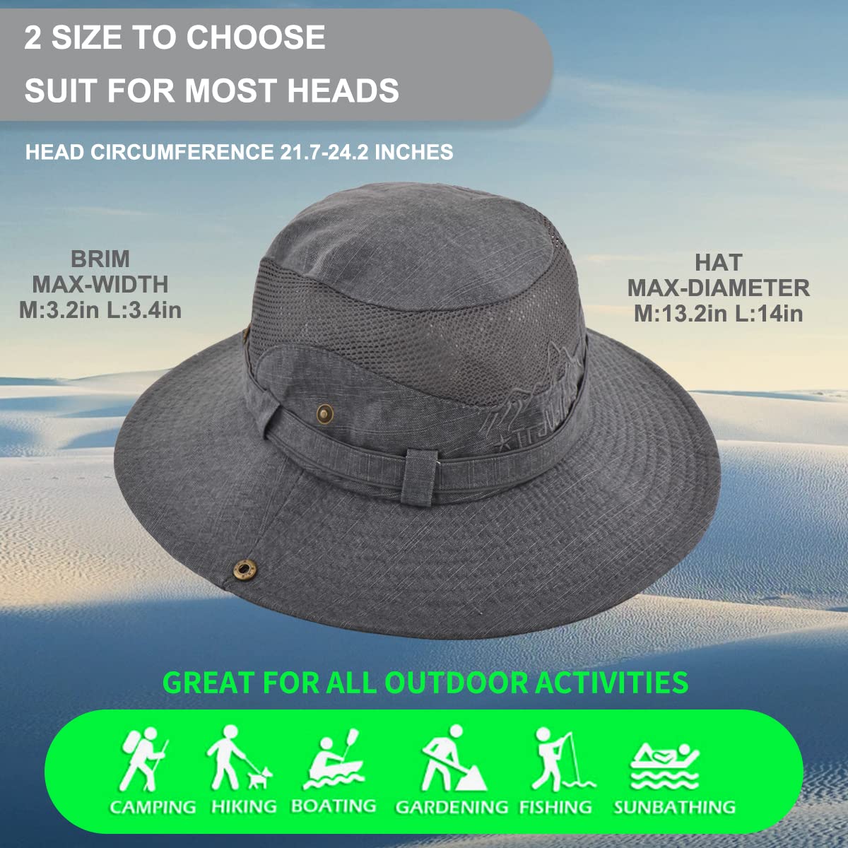 Sun Hat for Men, Cotton Embroidery Summer Outdoor Sun Protection Wide Brim Bucket Hat Foldable Safari Boonie Hat