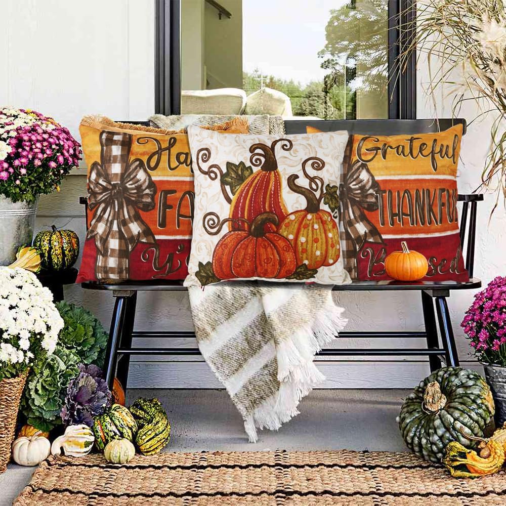 4pcs Fall Thanksgiving Pillow Covers 18x18in, Pumpkin Happy Fall Thankful Grateful Blessed Harvest Leaves Decorations Autumn Seasonal Throw Cushion Case for Farmhouse Home Sofa Couch
