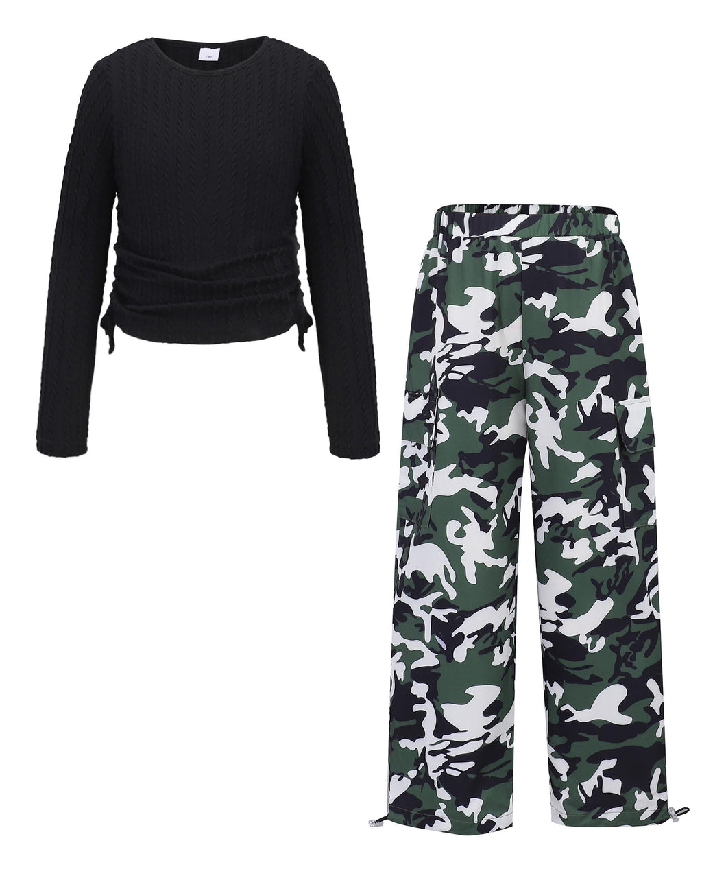 Girls Clothes Tween Girl Clothing Long Sleeve Ruched Drawstring Ribbed Knit Top Camo Cargo Pants Fall Winter Outfits