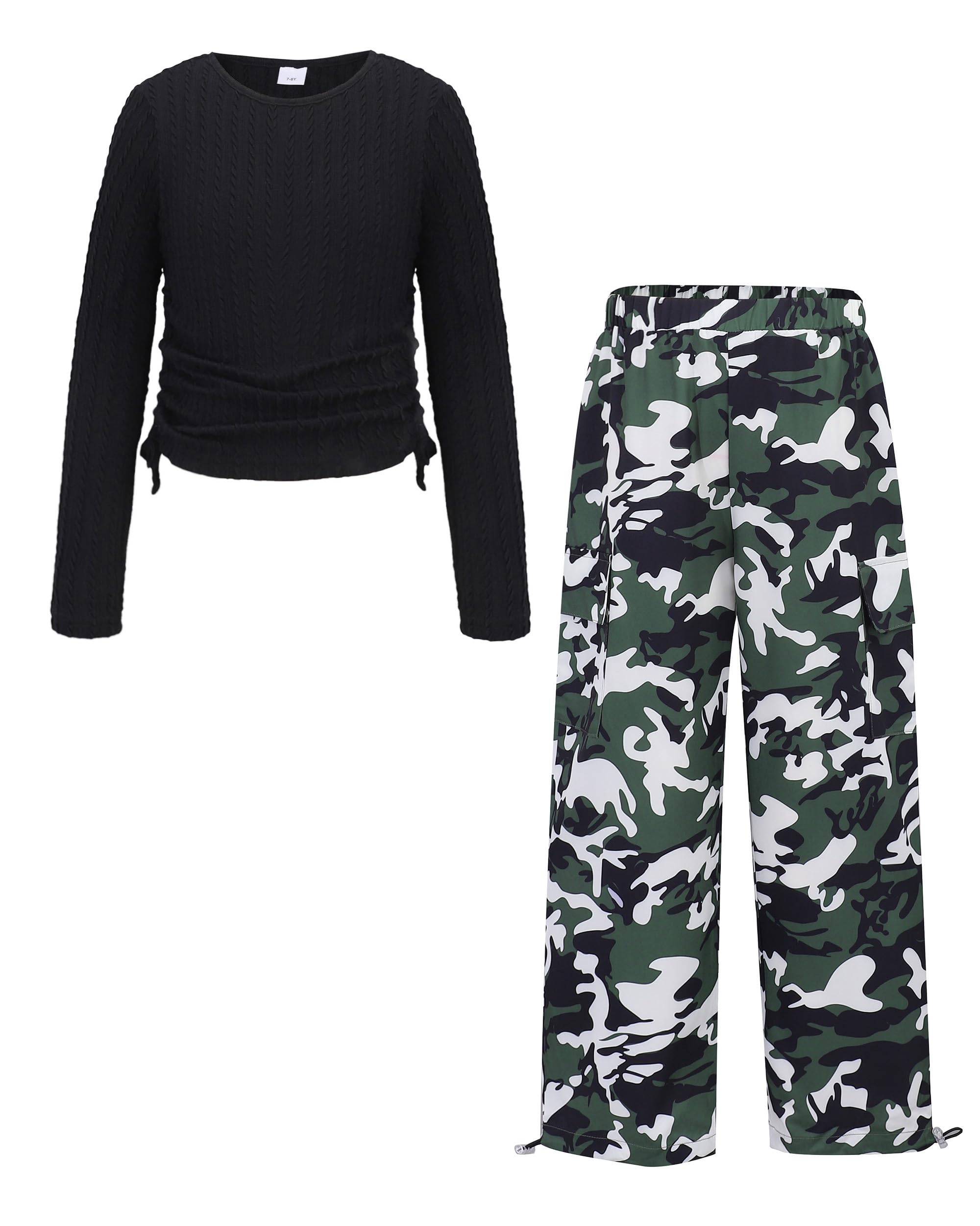 Girls Clothes Tween Girl Clothing Long Sleeve Ruched Drawstring Ribbed Knit Top Camo Cargo Pants Fall Winter Outfits
