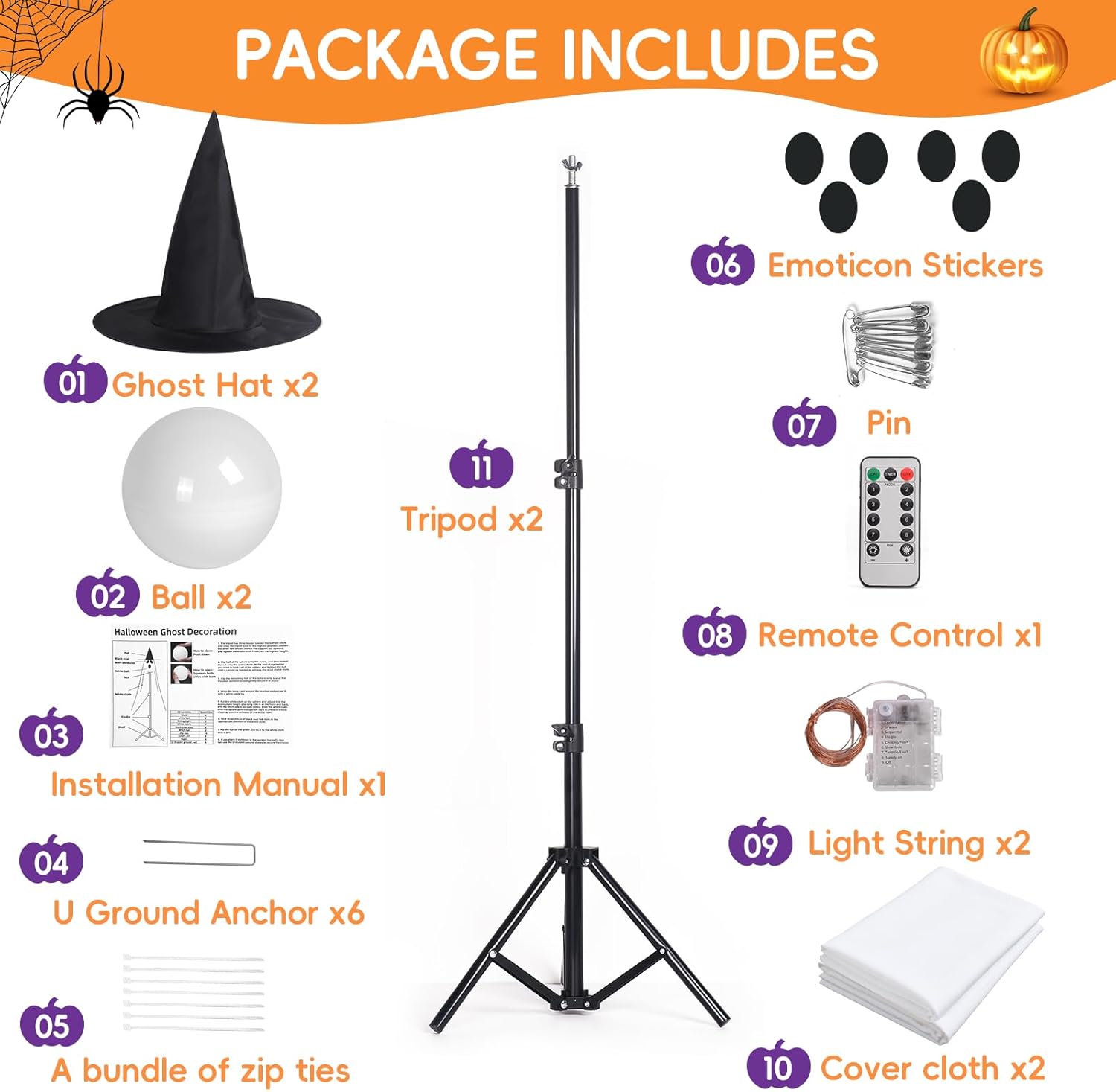 2 Pack Halloween Decorations Outdoor, Cute Ghost Halloween Party Decorations with Remote Control String Lights, Spooky Ghost Halloween Lights Outdoor Decorations for Porches, Yards, Gardens, Lawn