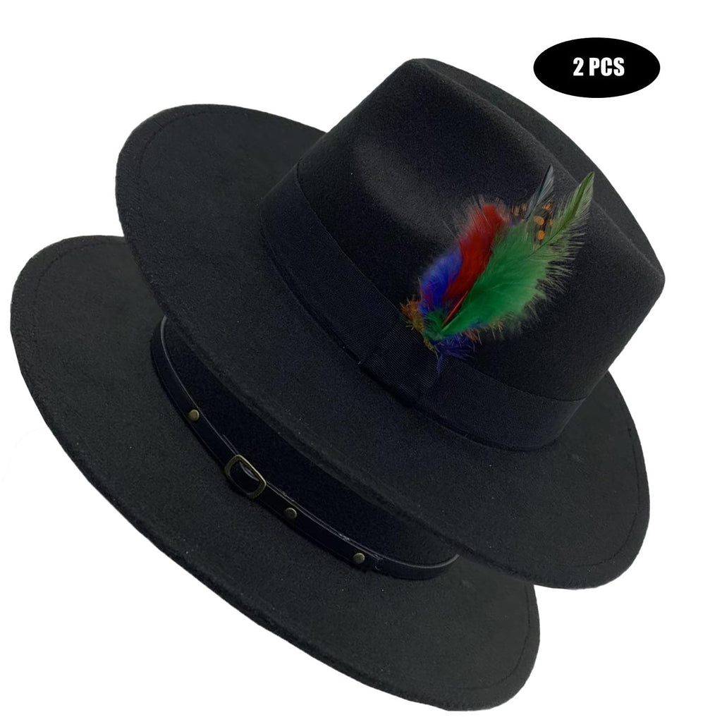 2 Pack Classic Fedora Hat for Men & Women Wide Brim Felt Panama Floppy Hat Black