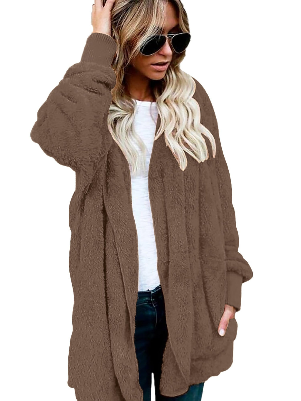 CHICGAL Womens Fuzzy Jacket Hooded Cardigan Open Front Sherpa Coat Outwear with Pockets