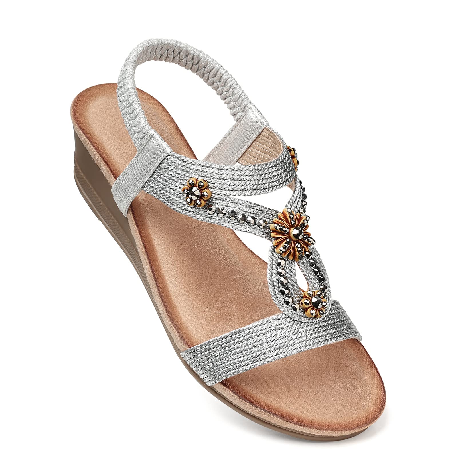 SHIBEVER Womens Wedge Sandals Flower Low Heel Dressy Sandals Elastic Ankle Strap Rhinestone Summer Comfortable Shoe