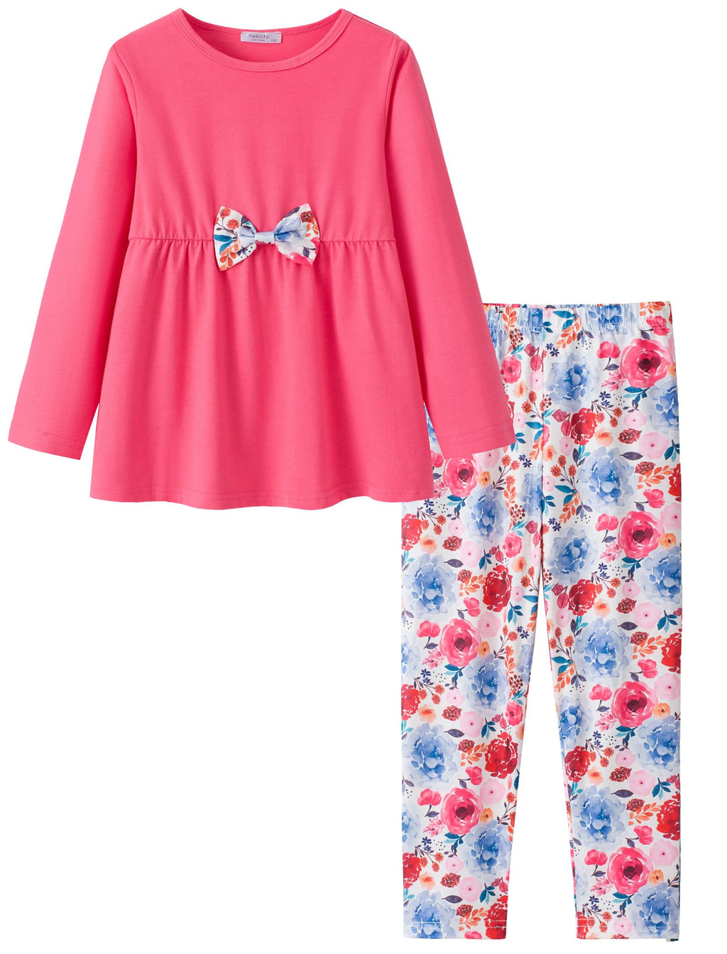Yekaty Girls Clothing Set 2 Pcs Floral Soft Crewneck Long Sleeve Top+Leggings Loose Outfits With Bowknot