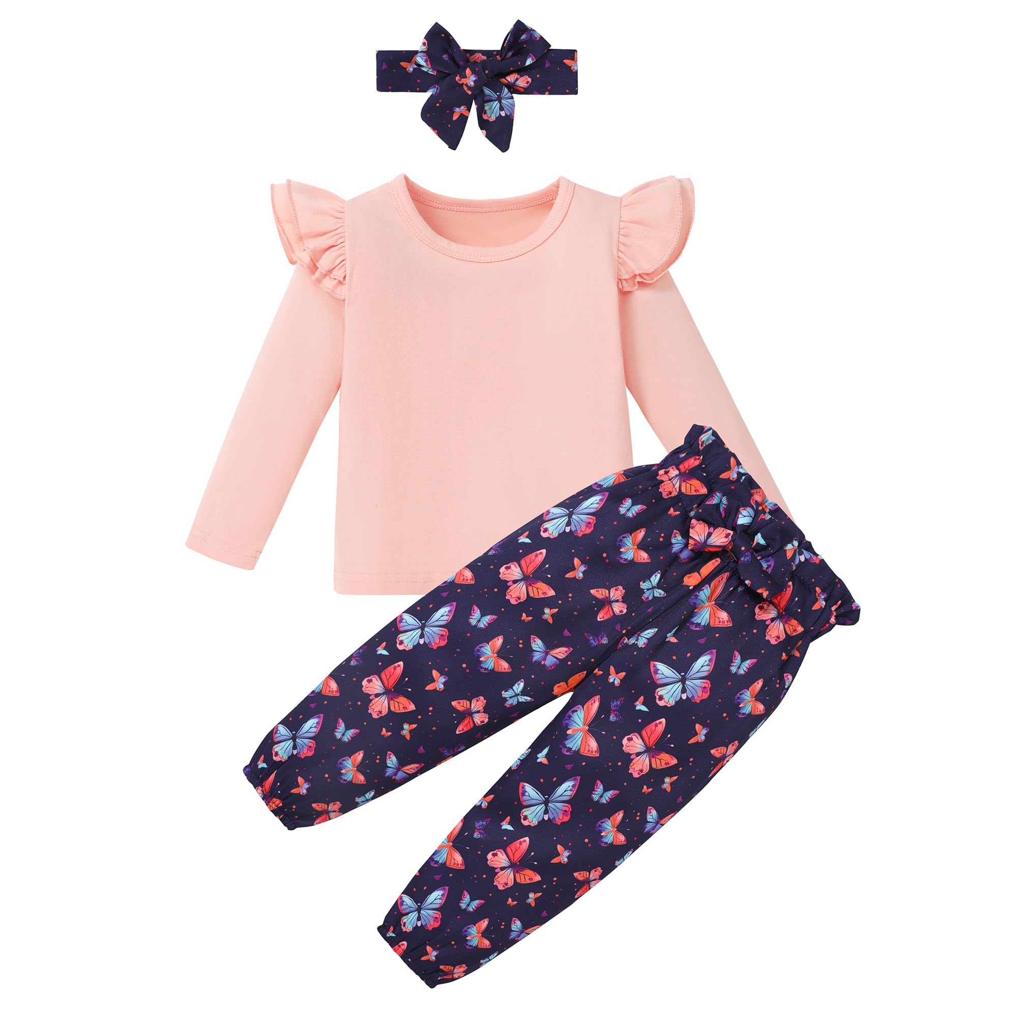 SANMIO Toddler Girl Clothes Outfits Cute Ruffle Sleeve Shirt Floral Pant+Headband 3Pcs Baby Girl Clothing Set 1-6T