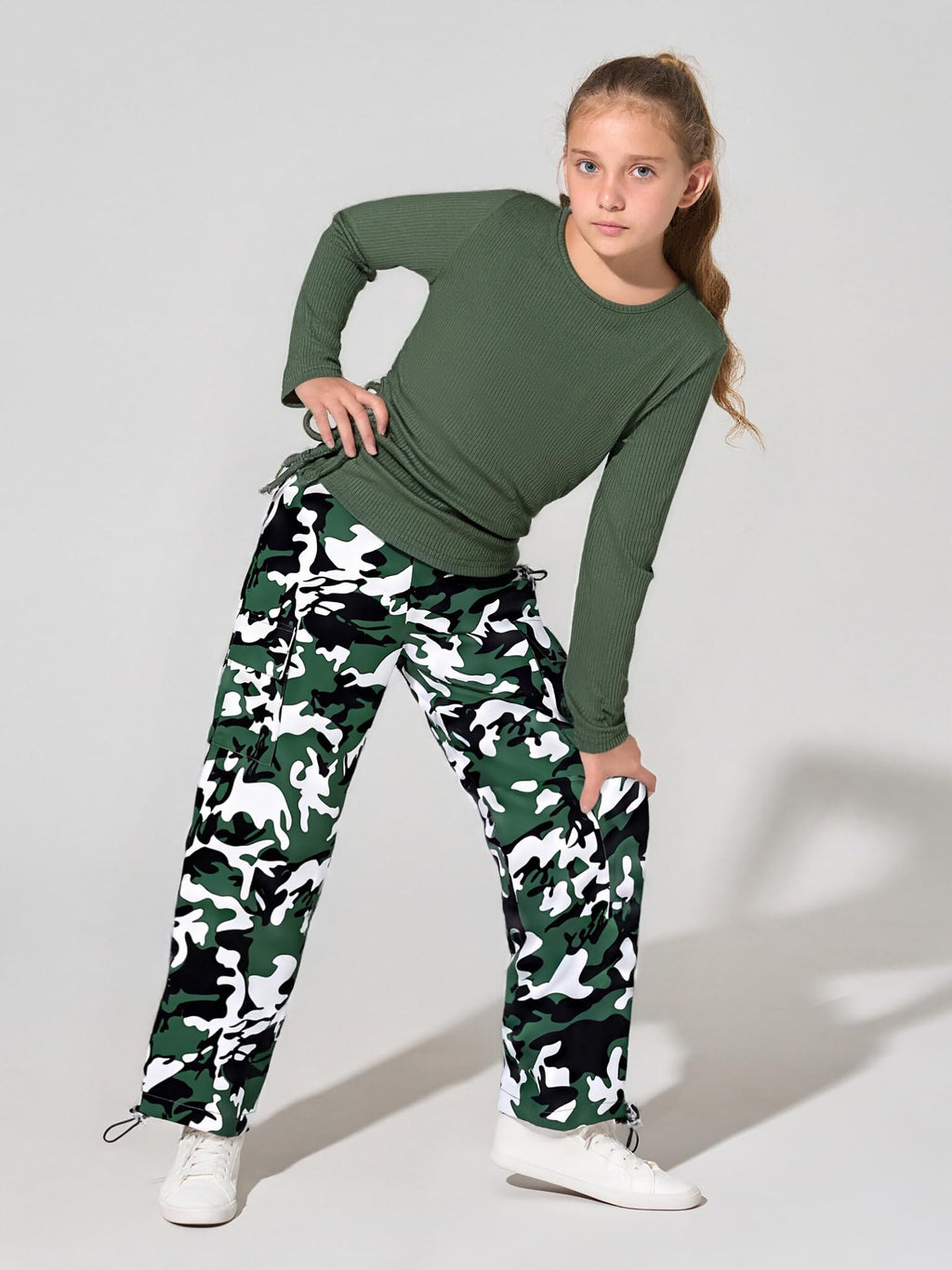 Girls Clothes Tween Girl Clothing Long Sleeve Ruched Drawstring Ribbed Knit Top Camo Cargo Pants Fall Winter Outfits