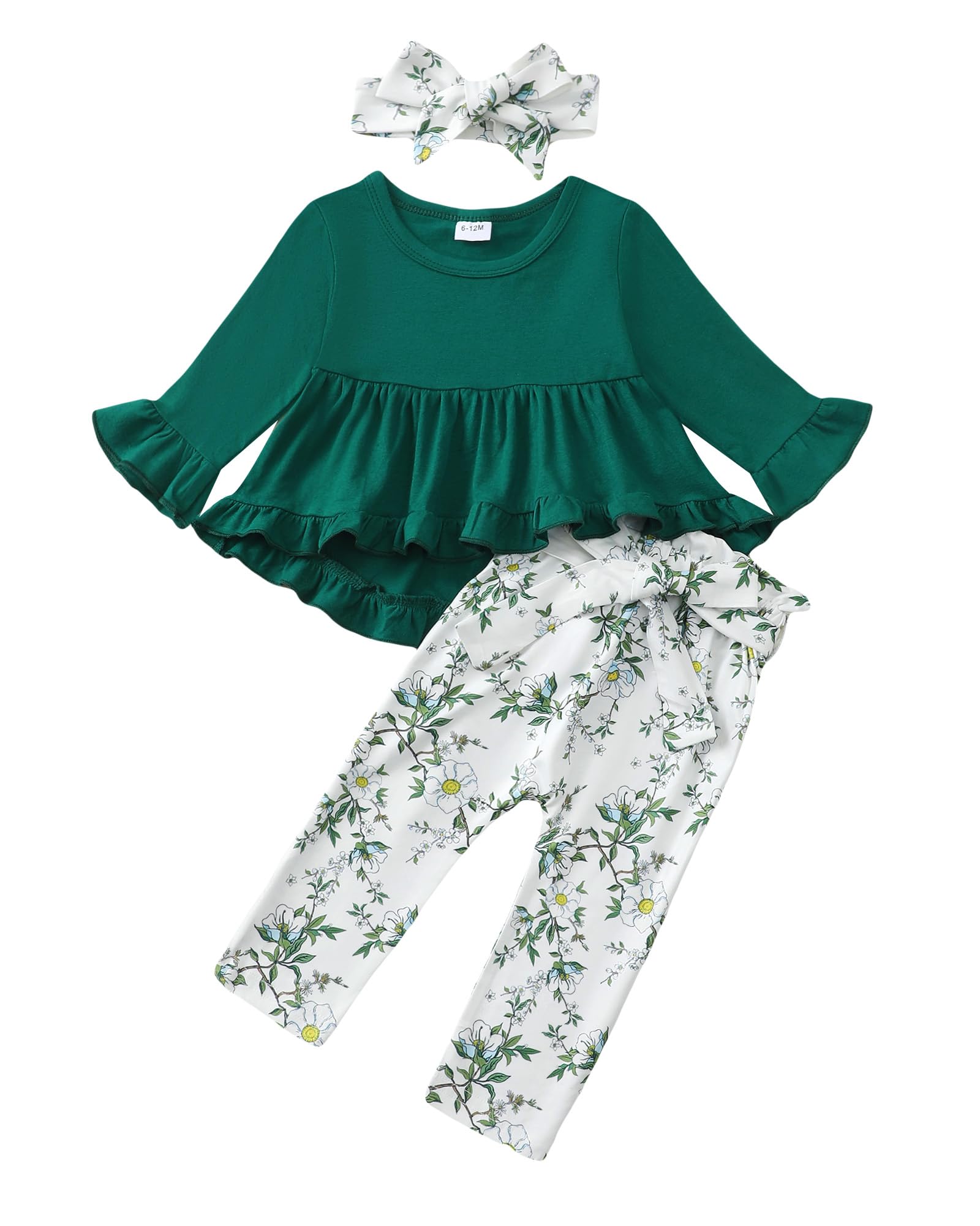 Kucnuzki Baby Girl Clothes Toddler Girl Outfit Ruffle Sleeve Shirt Floral Pant Set Fall Winter Clothing for Girl