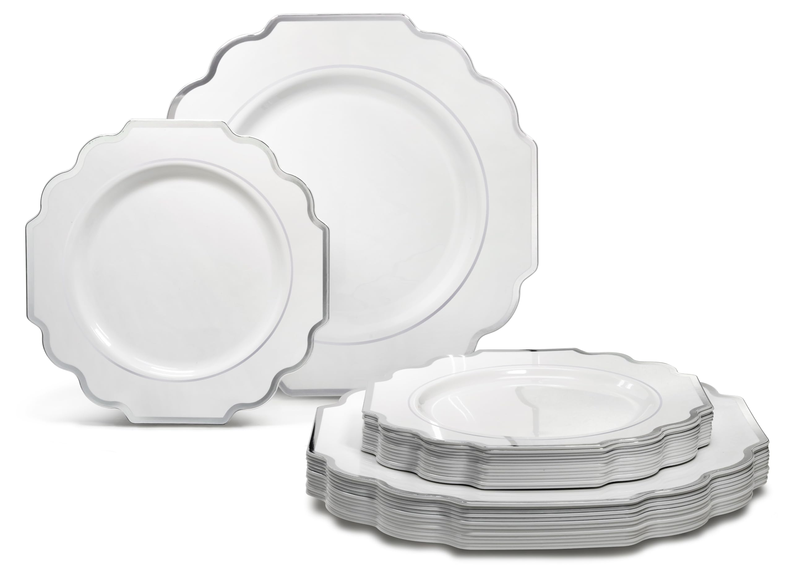 " OCCASIONS " 50 Plates Pack (25 Guests)-Heavyweight Wedding Party Disposable Plastic Plate Set -(25x10.5'' Dinner + 25x8'' Salad/Dessert) (Imperial White & Gold)