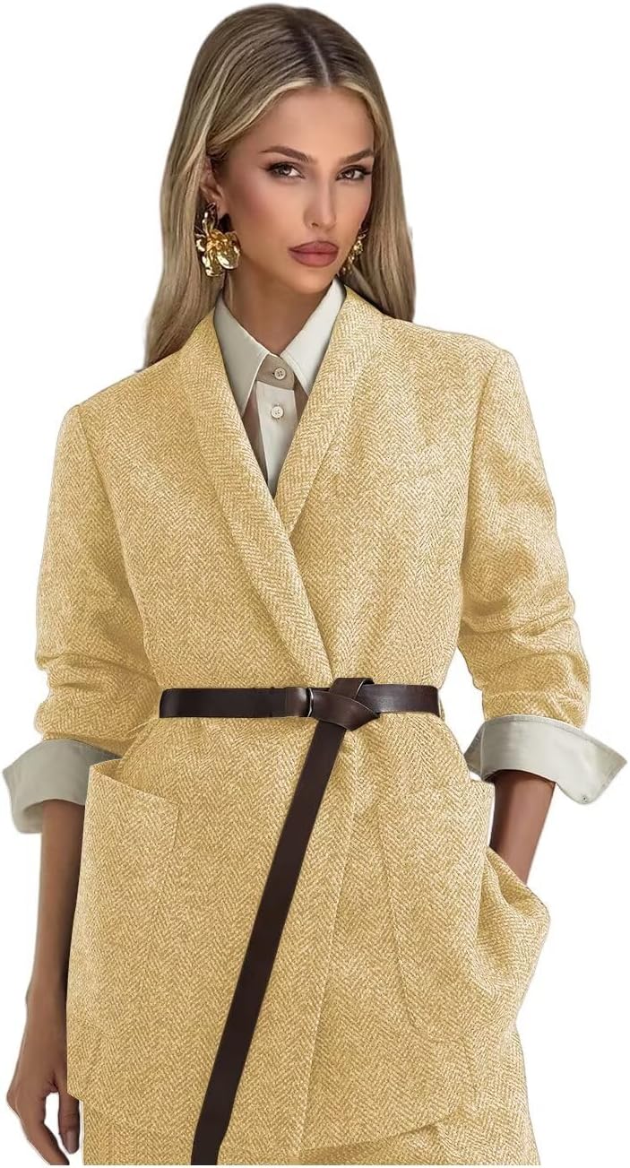 Tweed Suits for Women Dressy 2 Piece Herringbone Blazer and Pants with Belt Shawl Lapel Business Casual Outfits