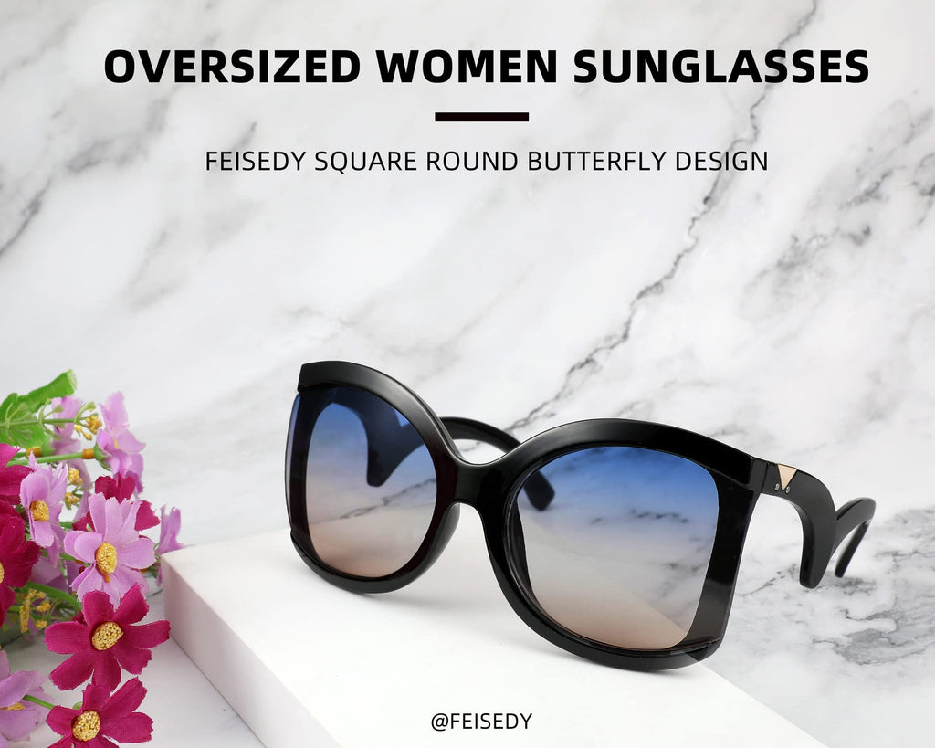 FEISEDY Oversized Square Butterfly Sunglasses Curved Curly Arm Frame Women's Fashion Shades B4035