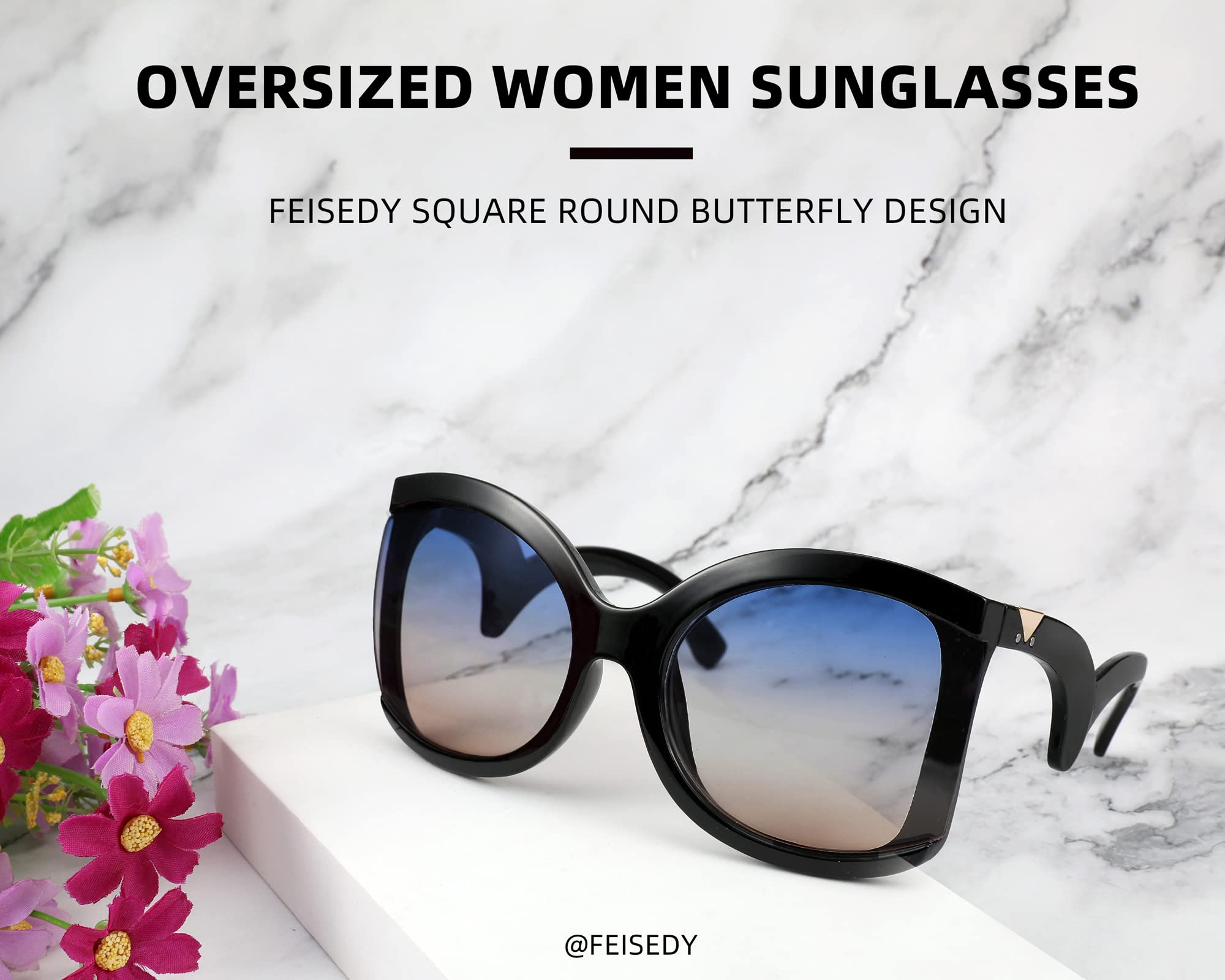 FEISEDY Oversized Square Butterfly Sunglasses Curved Curly Arm Frame Women's Fashion Shades B4035