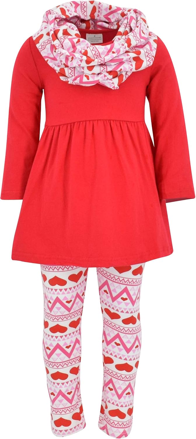 Unique Baby Girls Kids Toddler 3pc Outfit Set Long Sleeve Cotton Blend Tunic Top Leggings and Scarf