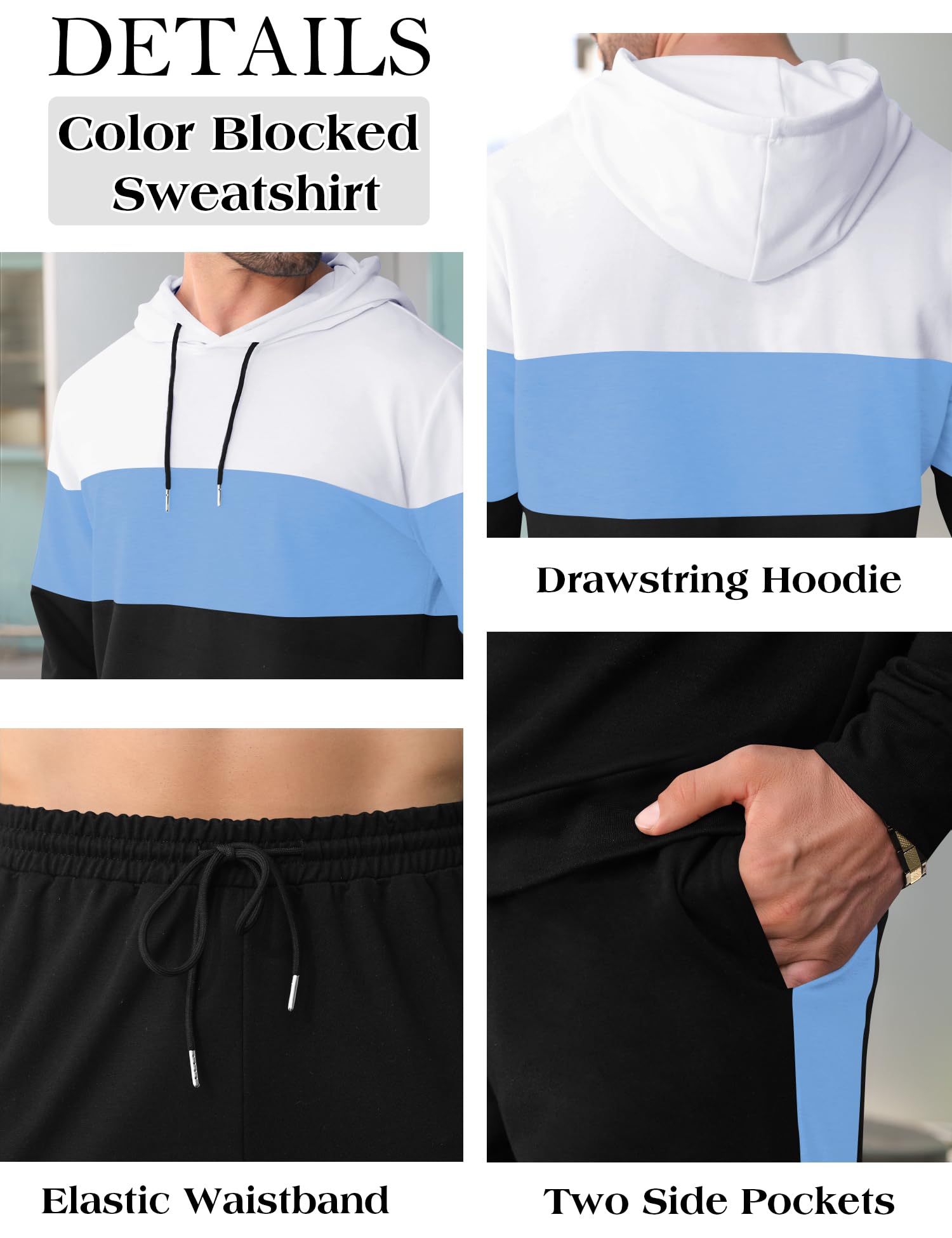 Babioboa Men's Tracksuit 2 Piece Color Block Hoodie Set Pullover Sweatshirt and Jogging Sweatpants Athletic Sweatsuits Set