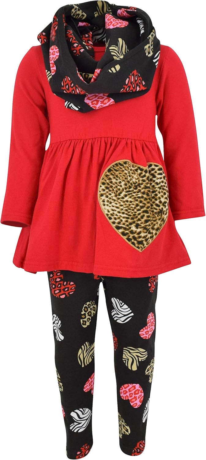 Unique Baby Girls Kids Toddler 3pc Outfit Set Long Sleeve Cotton Blend Tunic Top Leggings and Scarf
