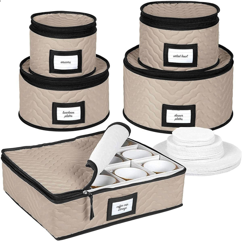 China Storage Containers 5-Piece Set Moving Boxes for Dinnerware, Glasses, Plates, Mugs and Saucers Sturdy Quilted Microfiber Dish Organizer with Dividers for Seasonal Storage - Holds Set of 12