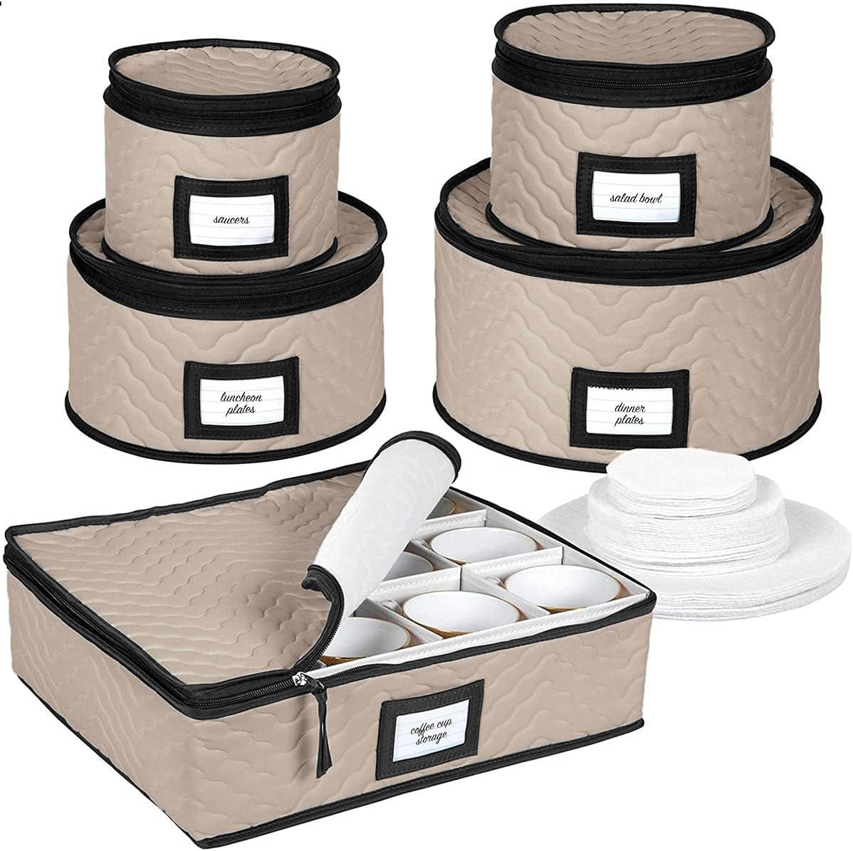 China Storage Containers 5-Piece Set Moving Boxes for Dinnerware, Glasses, Plates, Mugs and Saucers Sturdy Quilted Microfiber Dish Organizer with Dividers for Seasonal Storage - Holds Set of 12