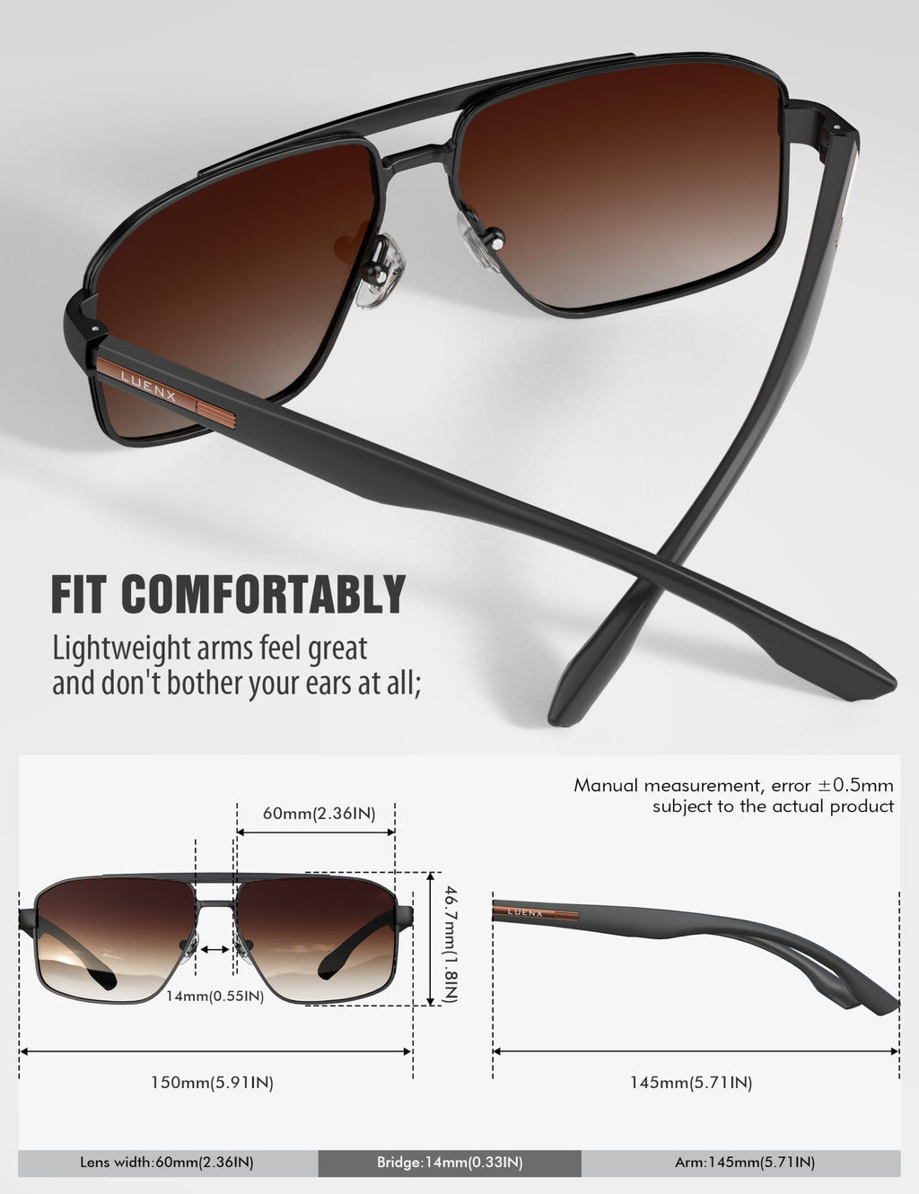 LUENX Aviator Sunglasses for Men Square Polarized Polygon Lens - UV 400 Protection