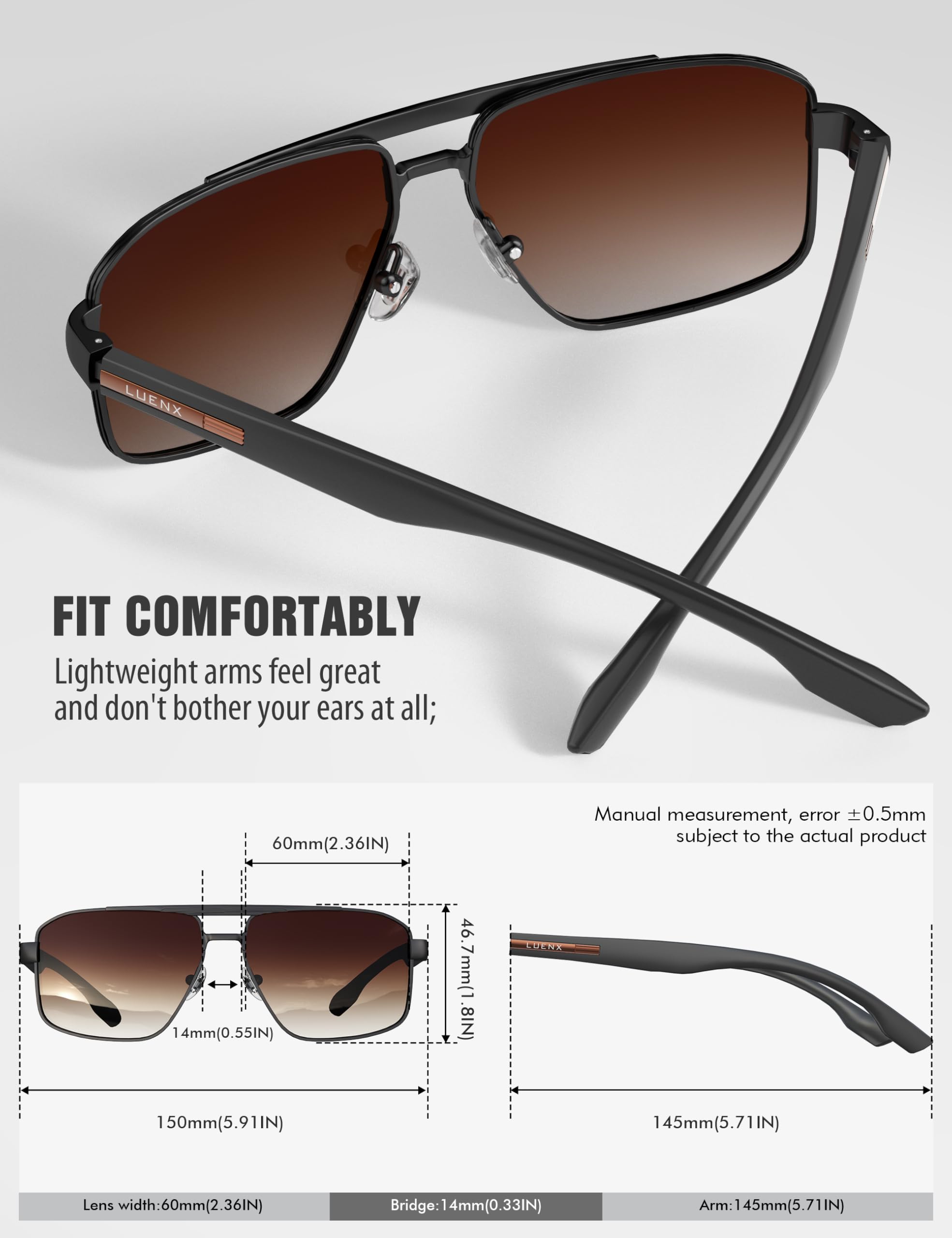 LUENX Aviator Sunglasses for Men Square Polarized Polygon Lens - UV 400 Protection