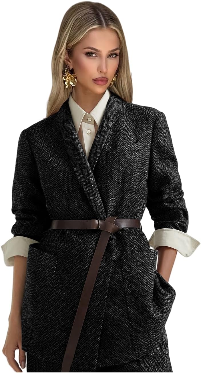 Tweed Suits for Women Dressy 2 Piece Herringbone Blazer and Pants with Belt Shawl Lapel Business Casual Outfits