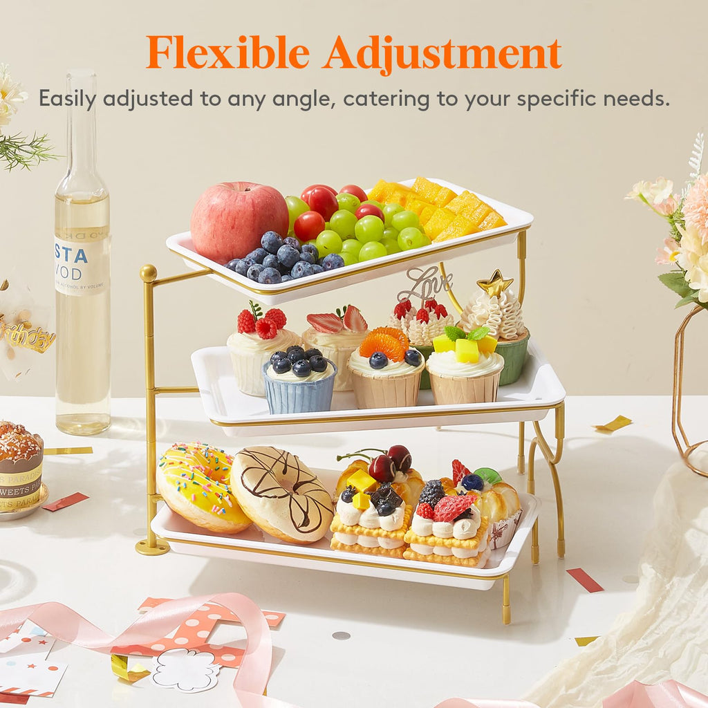 Lifewit 3 Tier Serving Tray for Party, 12" x 6.5" Plastic Tiered Food Serving Platters, White Rotatable Tiered Tray Stand with Gold Collapsible Metal Stand, Dessert Table Display Set for Buffet