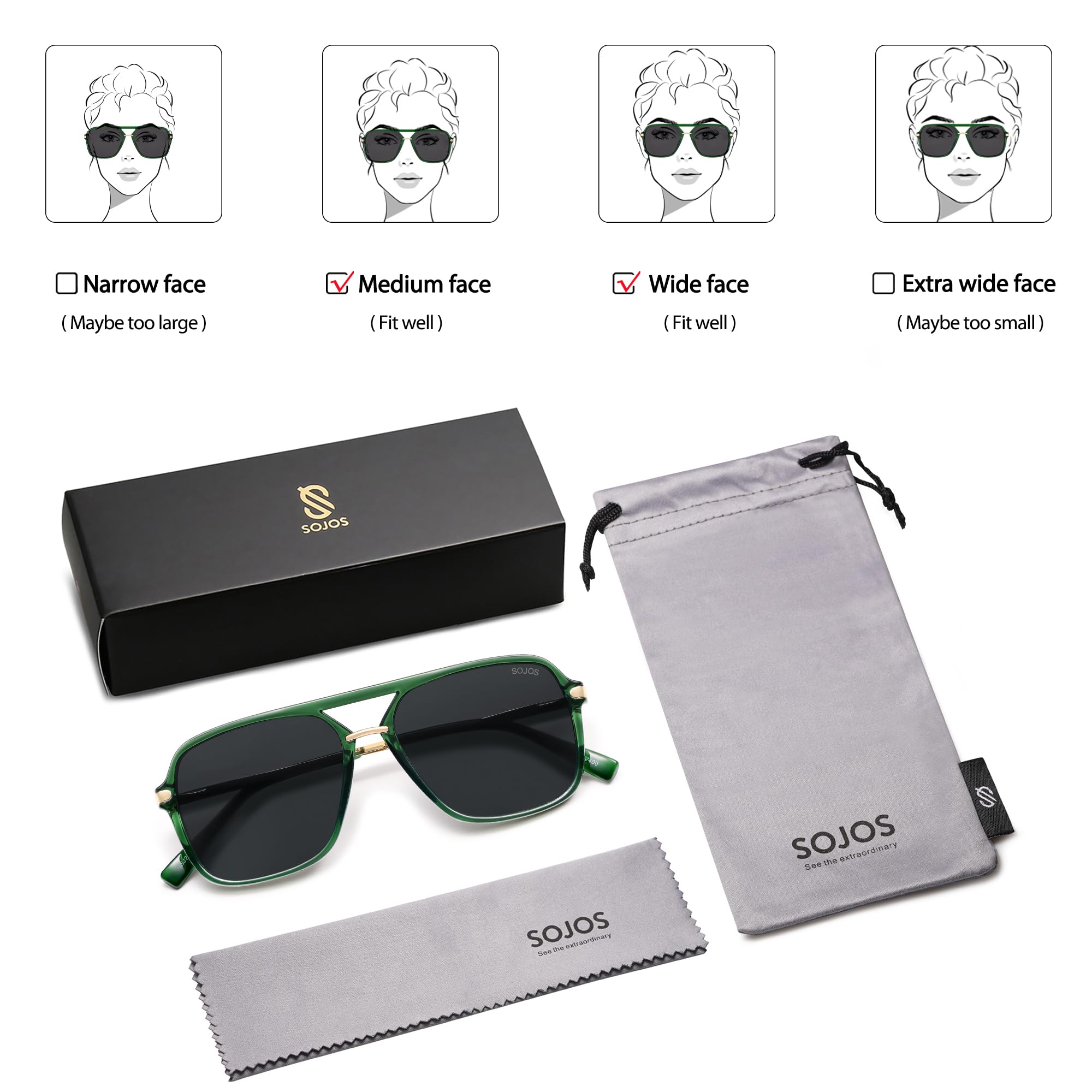 SOJOS Sunglasses for Women & Men, Square, Retro, Polarized Lens, Trendy Aviator, 90s Shades