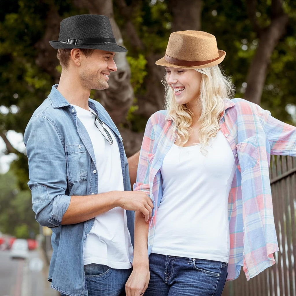 Forwe 4 Pack Straw Fedora Hat for Men Women Short Brim Trilby Hat Classic Panama Summer Beach Sun Hat