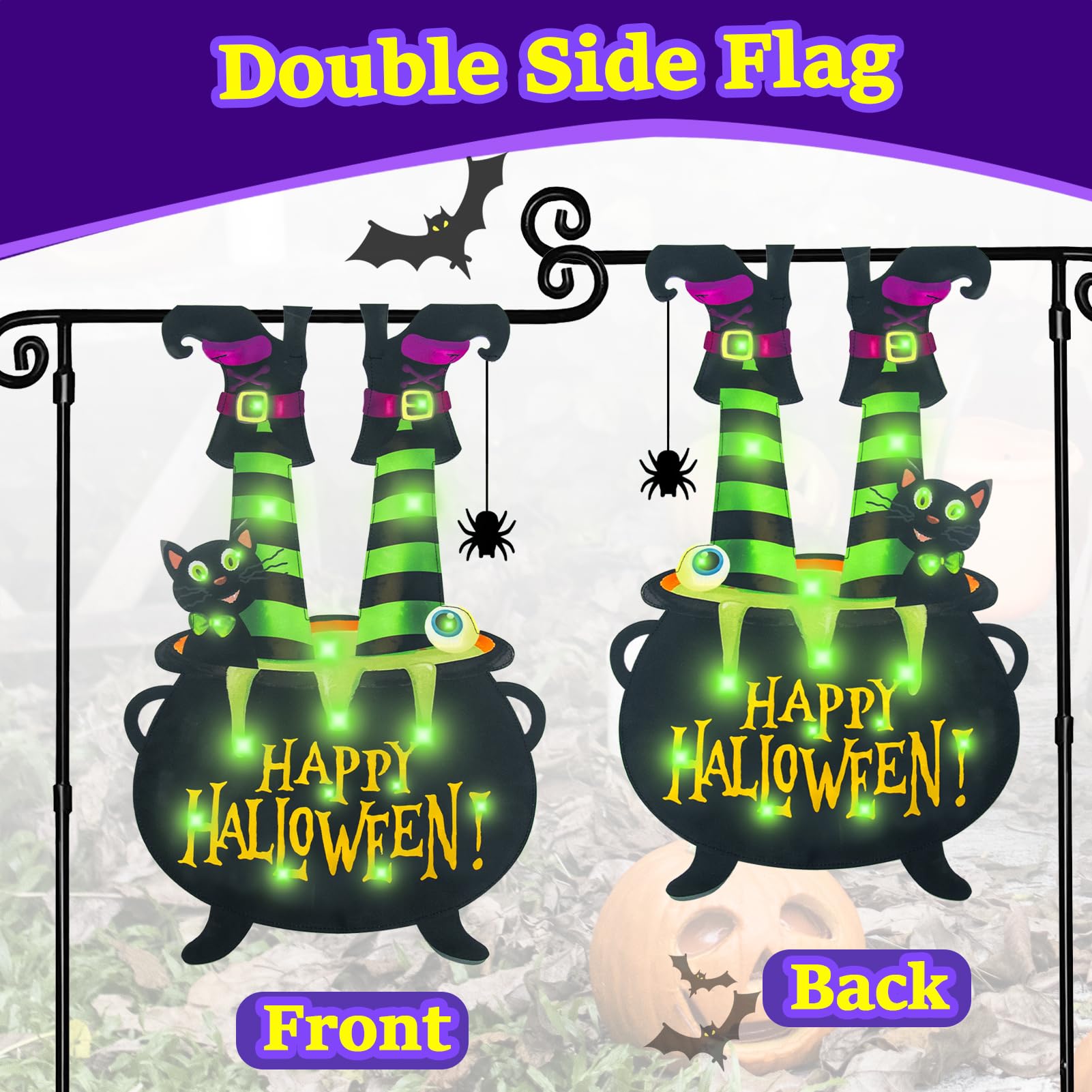 Halloween Lighted Garden Flag for Outside, Led Solar Yard Flag 8 Modes Witch Feet Shape Flag, 12x18 Double Sided Cauldron Eyeball Black Cat Decorations for Home Porch