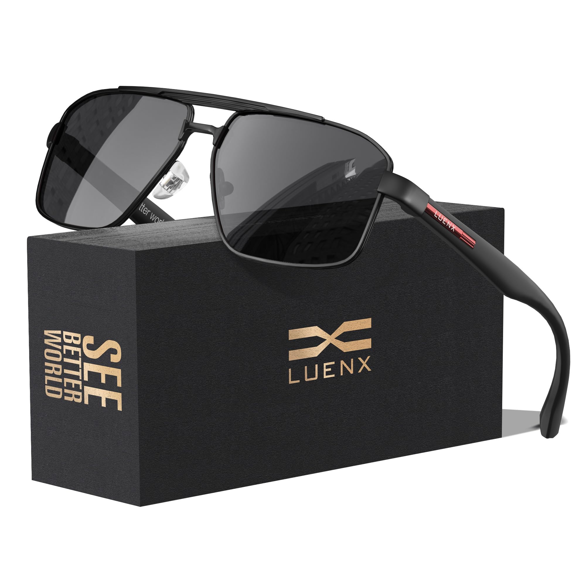 LUENX Aviator Sunglasses for Men Square Polarized Polygon Lens - UV 400 Protection