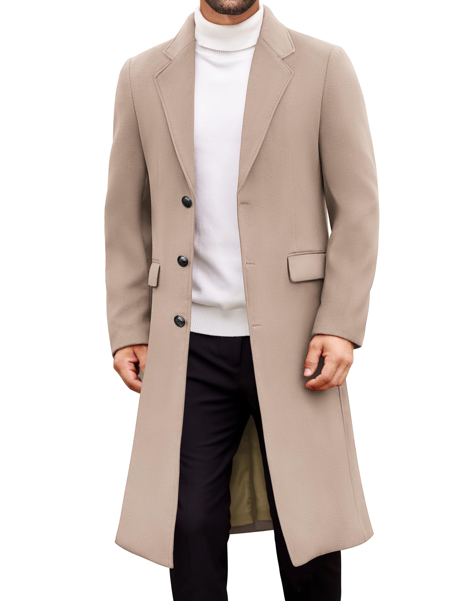 COOFANDY Mens Trench Coat Long Casual Single Brested Overcoat Winter Notched Collar Wool Blend Pea coat With Pockets