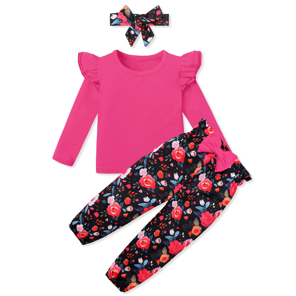 SANMIO Toddler Girl Clothes Outfits Cute Ruffle Sleeve Shirt Floral Pant+Headband 3Pcs Baby Girl Clothing Set 1-6T