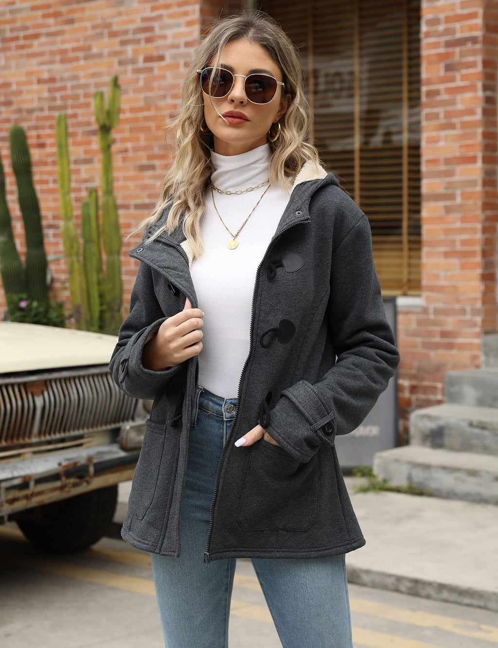 Gihuo Winter Jackets for Women Sherpa Lined Jacket Women Duffle Toggle Coat Hooded Fleece Jacket