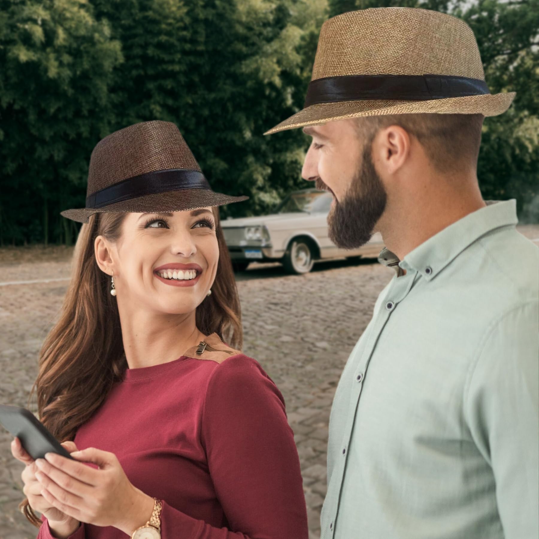 5 Pack Bulk Cuban Fedora Sun Hats Men with Adjustable Strap, Short Brim 1920s Unisex Party Costume Hats Women.